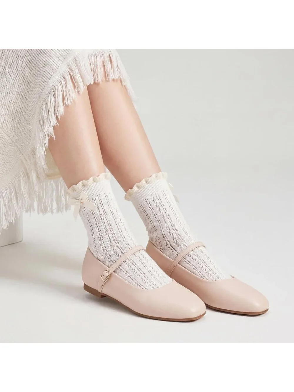 Women's Nude Square Toe With Adjustable Buckle Strap Ballet Flat Slip On Shoes